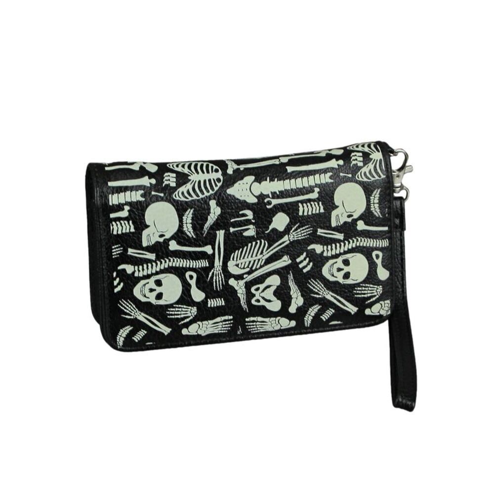Glow in the Dark Skeleton Print Black Vinyl Wallet With Removable Wrist Strap